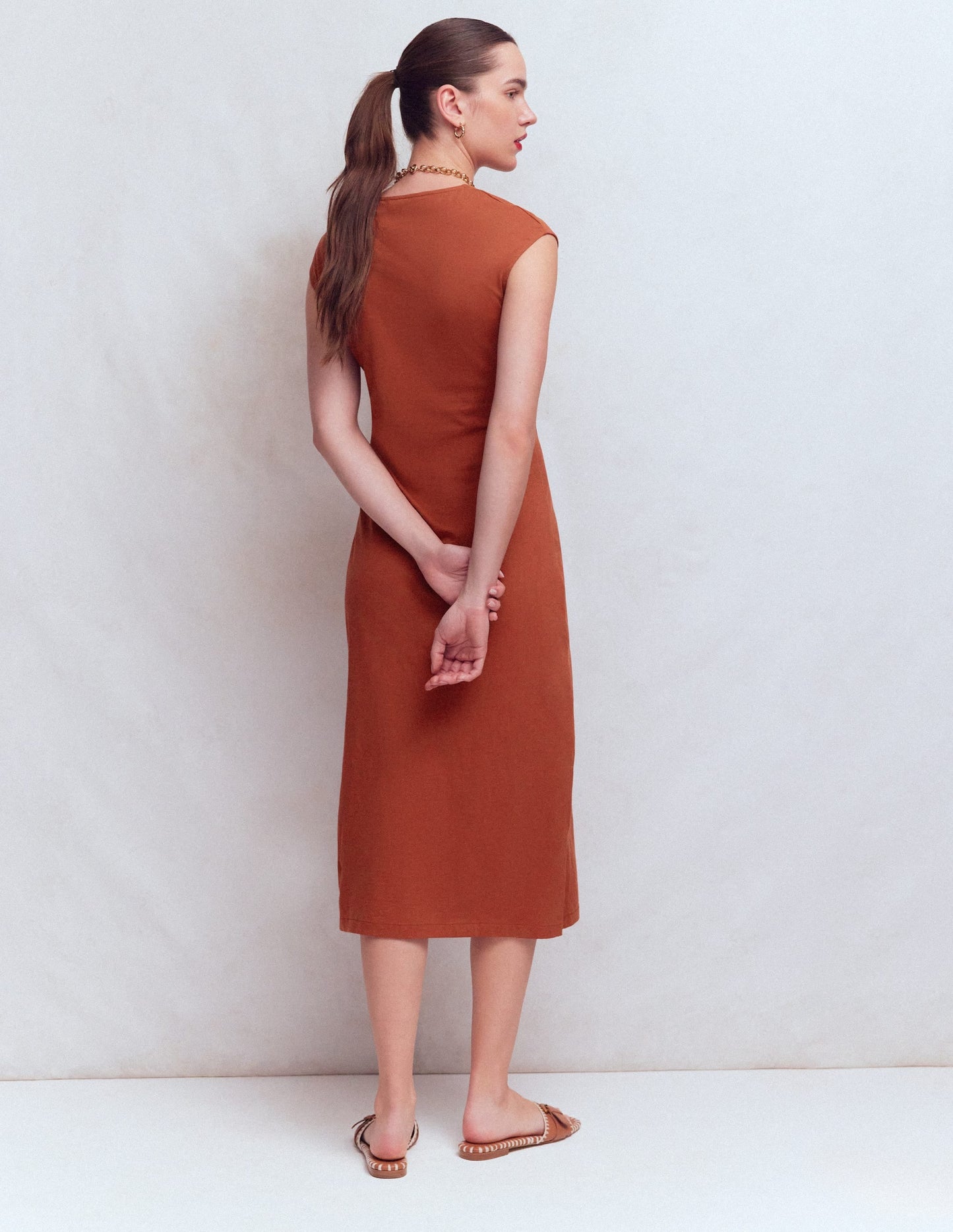 Delilah Twisted Midi Dress-Burnt Orange