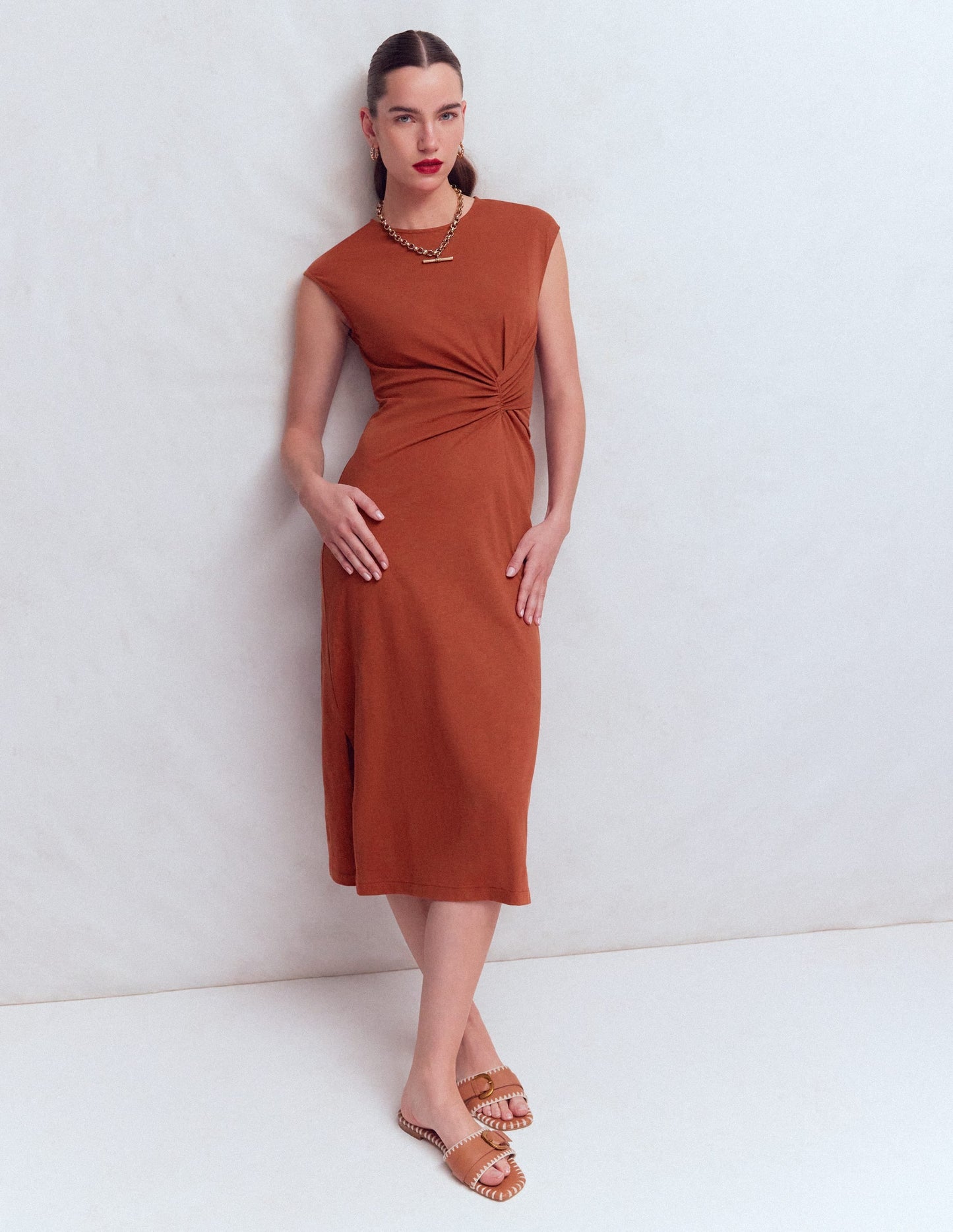 Delilah Twisted Midi Dress-Burnt Orange