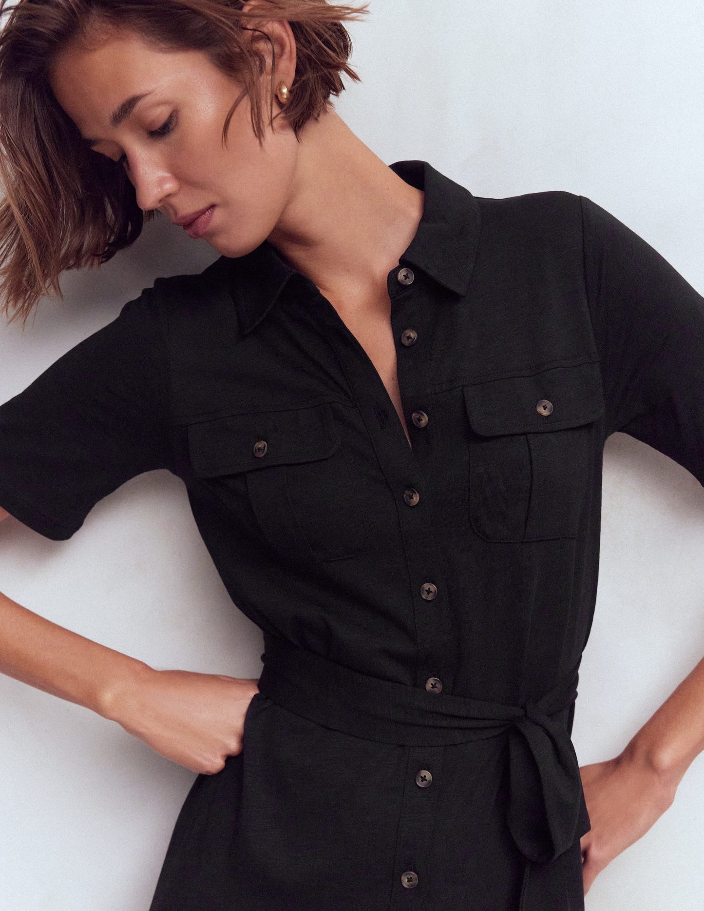 Mavis Midi Jersey Shirt Dress-Black