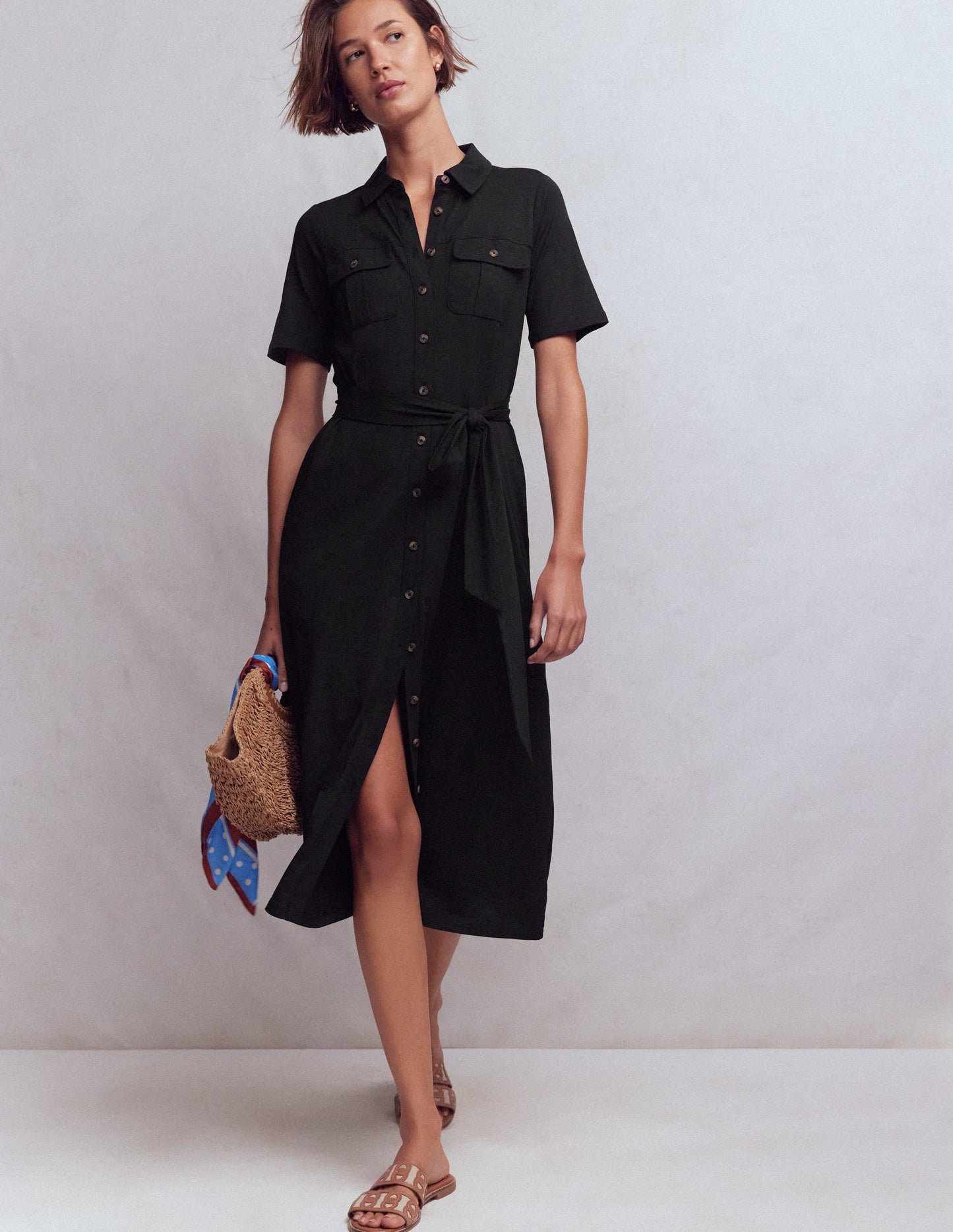 Mavis Midi Jersey Shirt Dress-Black