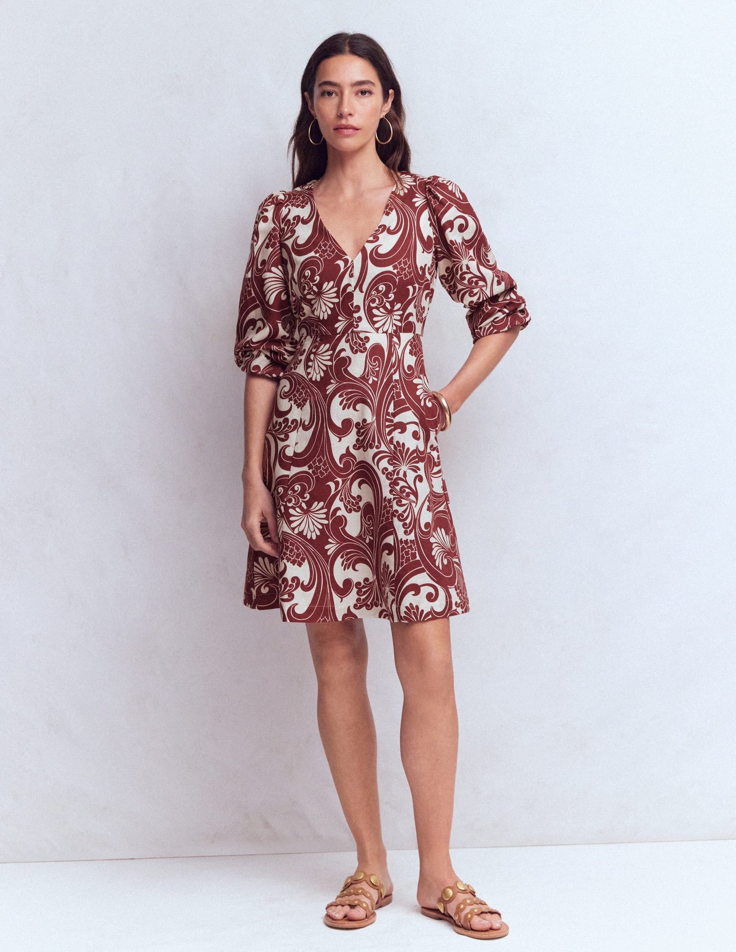 Marla Linen Blend Short Dress-Brown, Foliage Whirl