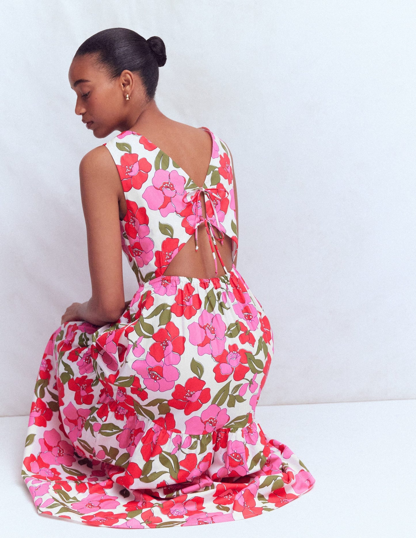 Sleeveless Poplin Dress-Red, Radiant Bloom