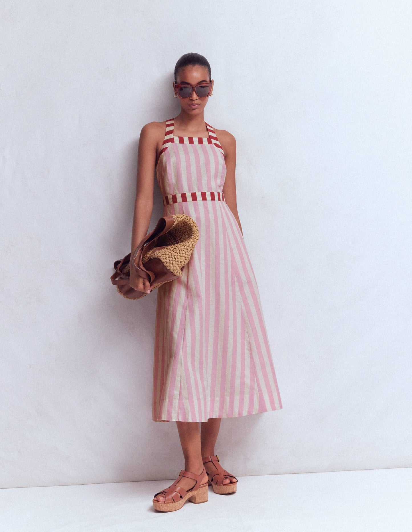 Cross-back Linen Blend Dress-Orchid Pink Stripe