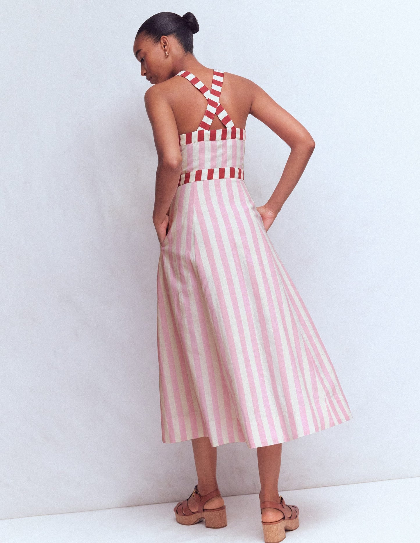 Cross-back Linen Blend Dress-Orchid Pink Stripe