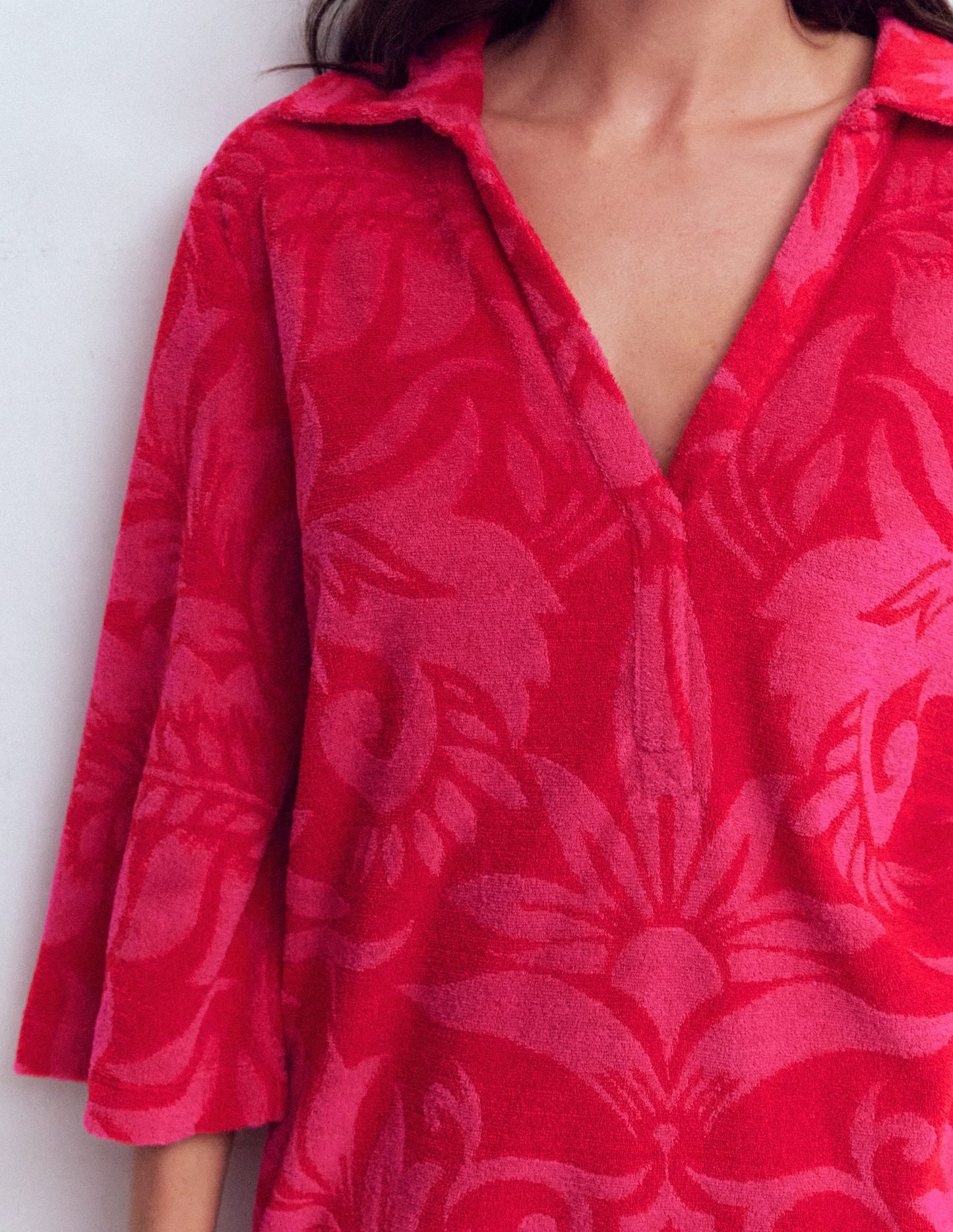 Short Collared Towelling Dress-Merida Red, Ornamental Foliage