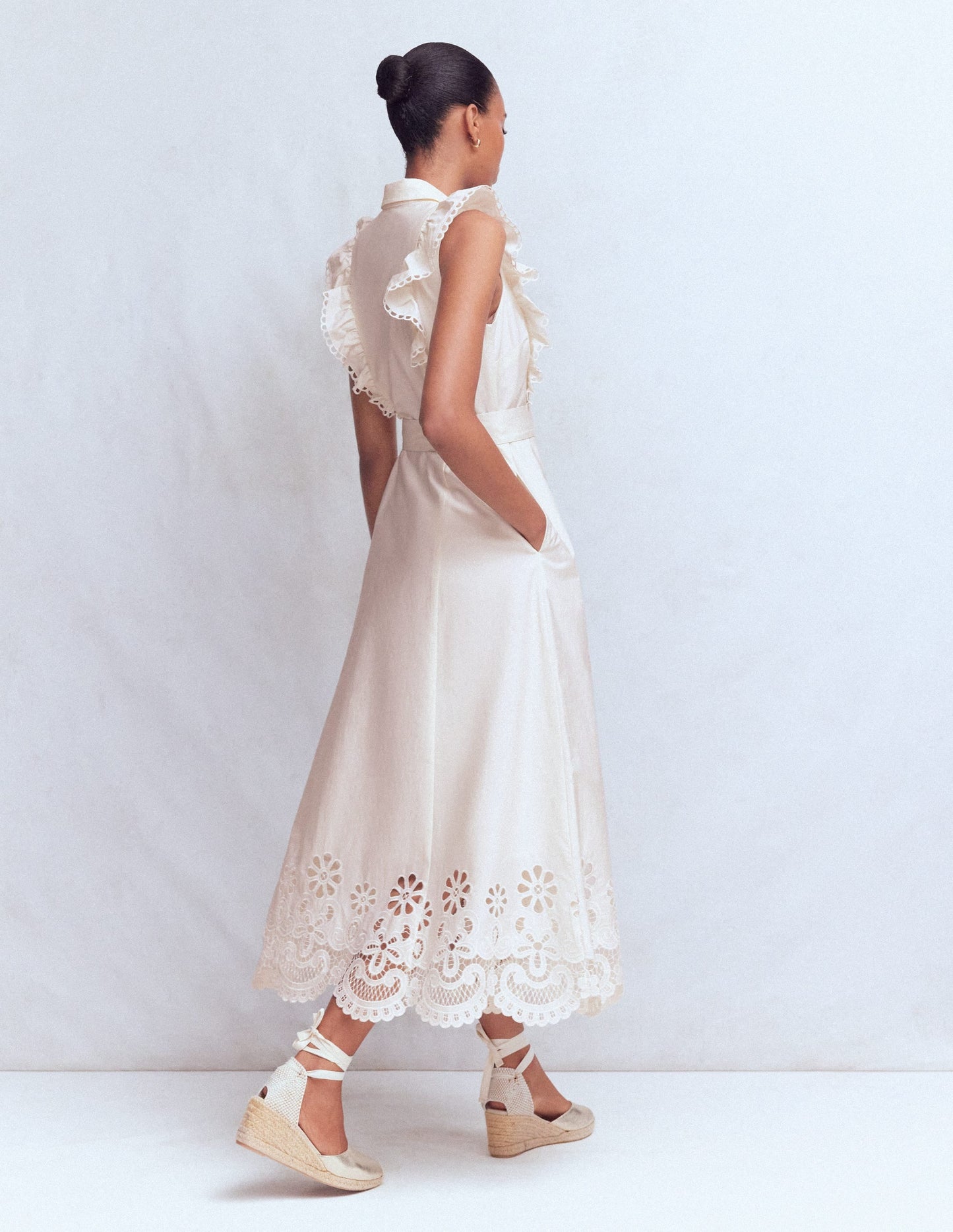 Ruffle Bodice Shirt Dress-White Broderie Trim