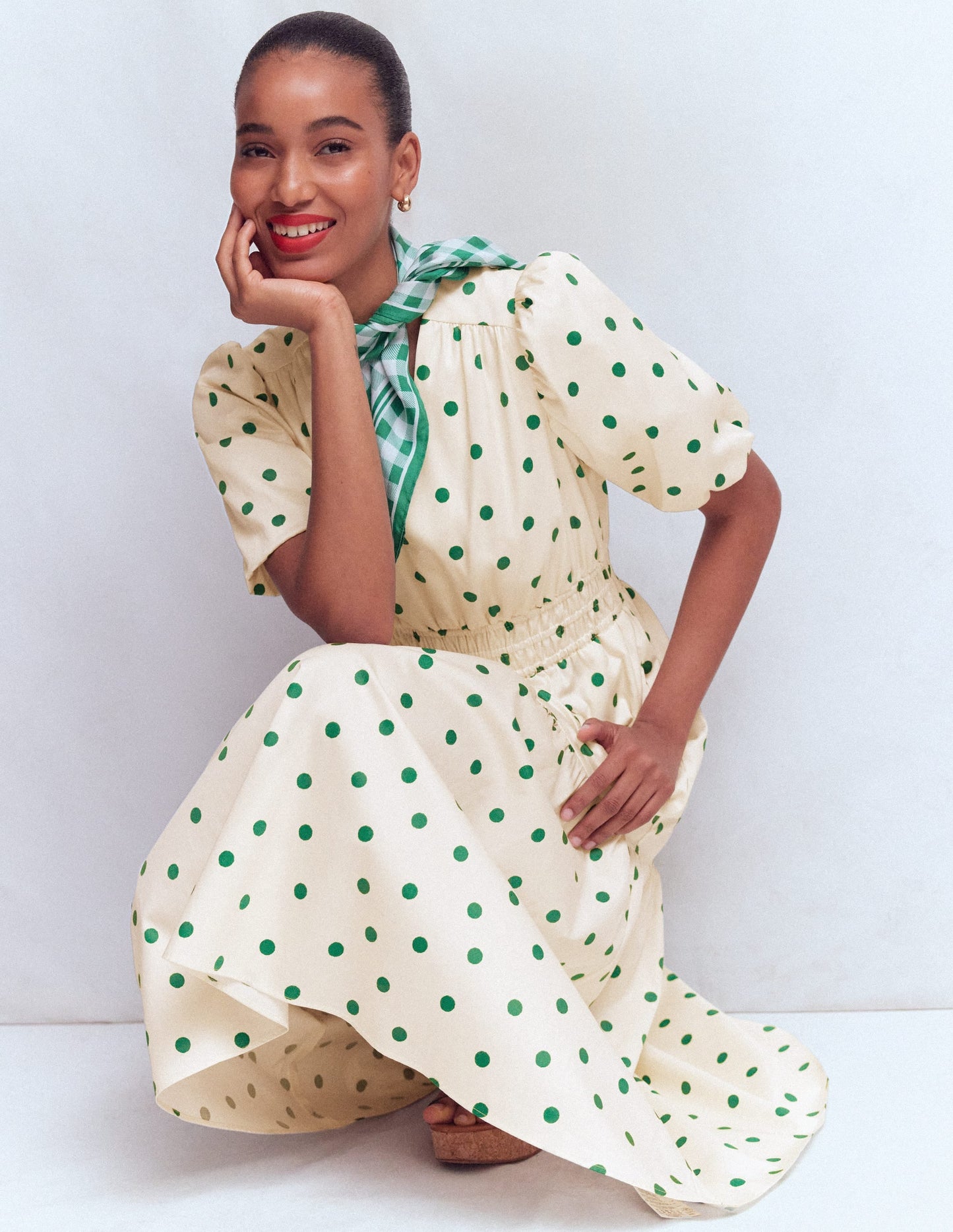 Irene Puff Sleeve Cotton Dress-Papyrus, Painted Dot Spaced