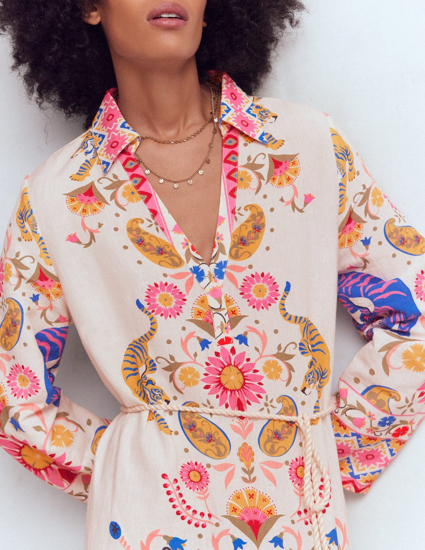 Notch Collar Linen Blend Tunic-Multi Tiger Tapestry