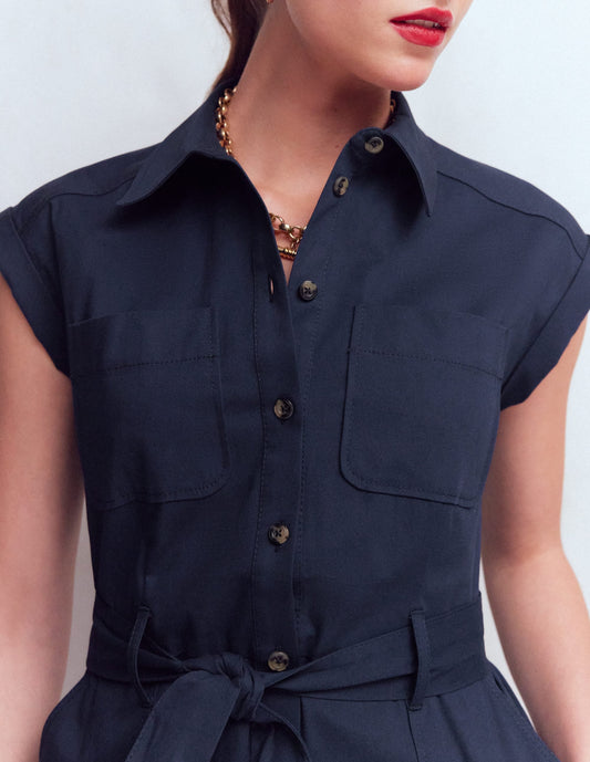 Short Belted Shirt Dress-Navy