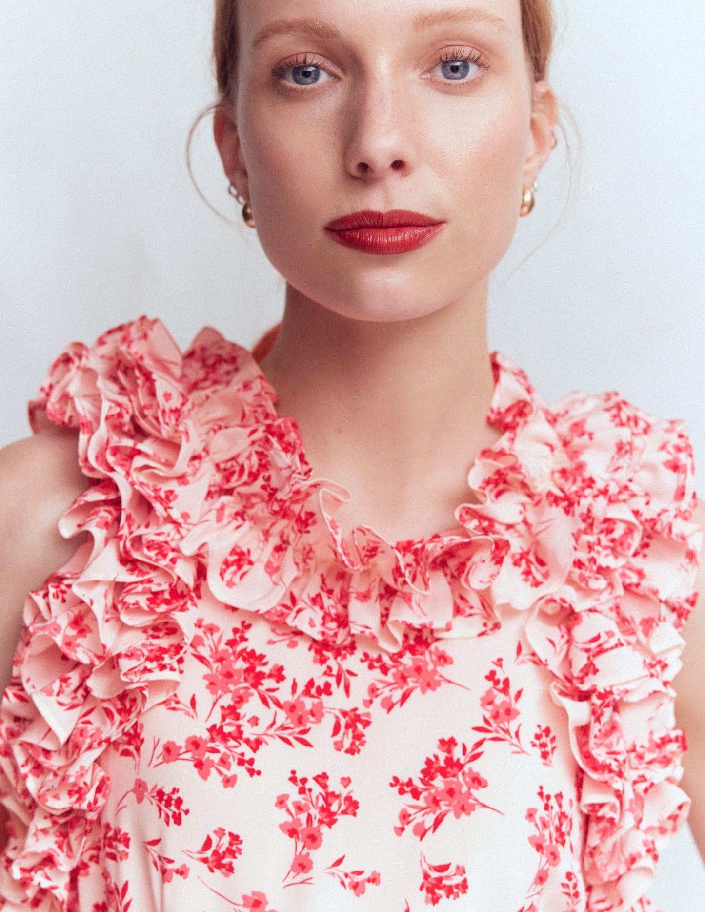 Ruffle Silk Midi Dress-Pink Bloom Scatter Mono