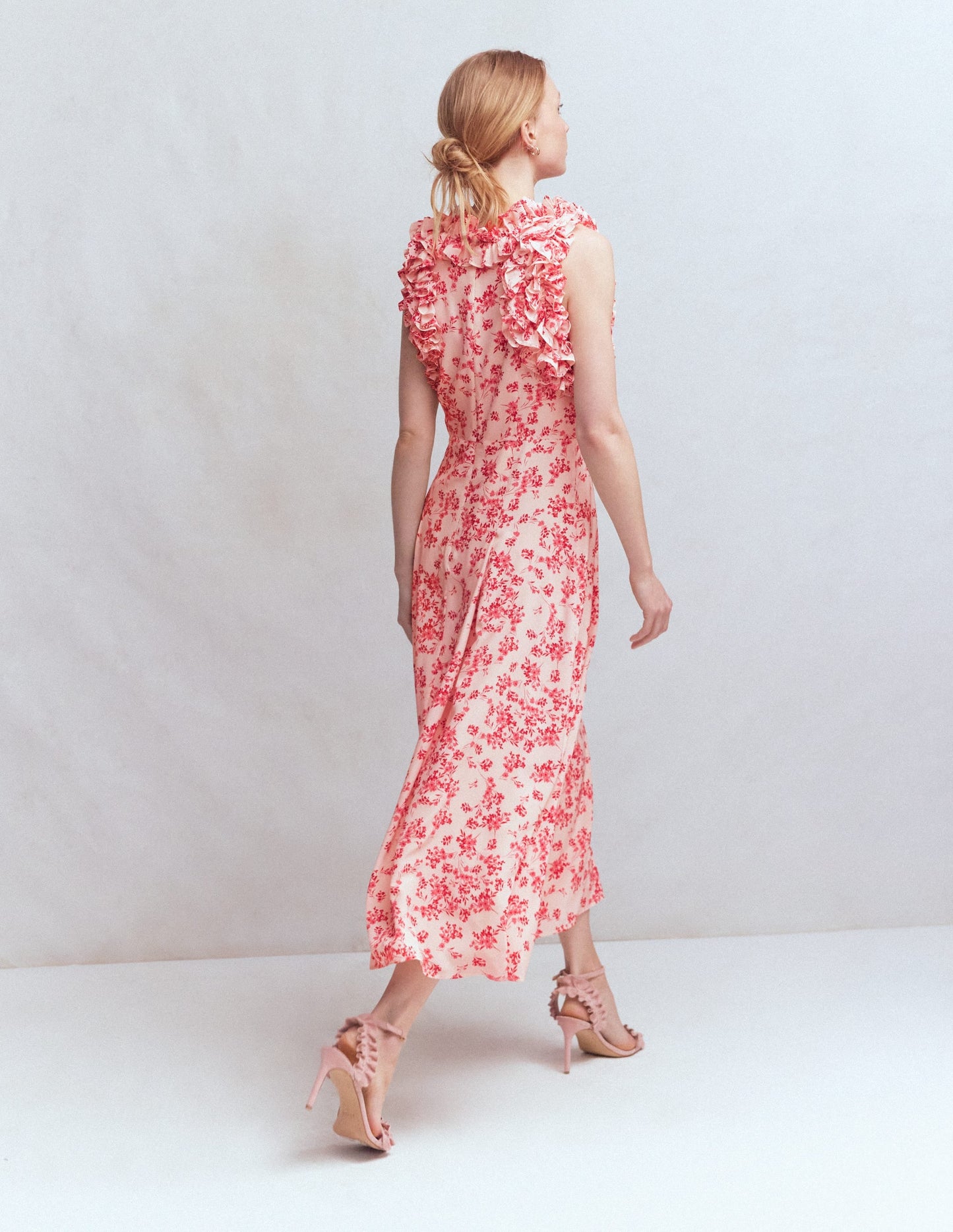 Ruffle Silk Midi Dress-Pink Bloom Scatter Mono