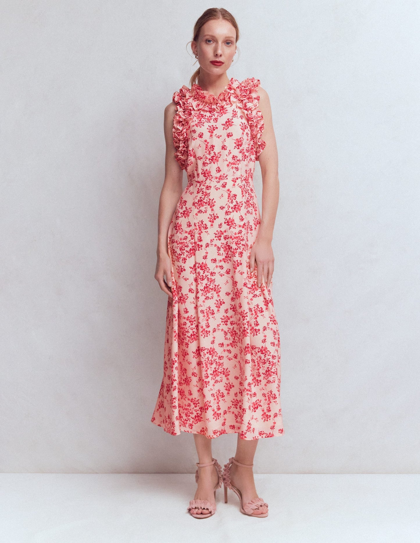 Ruffle Silk Midi Dress-Pink Bloom Scatter Mono