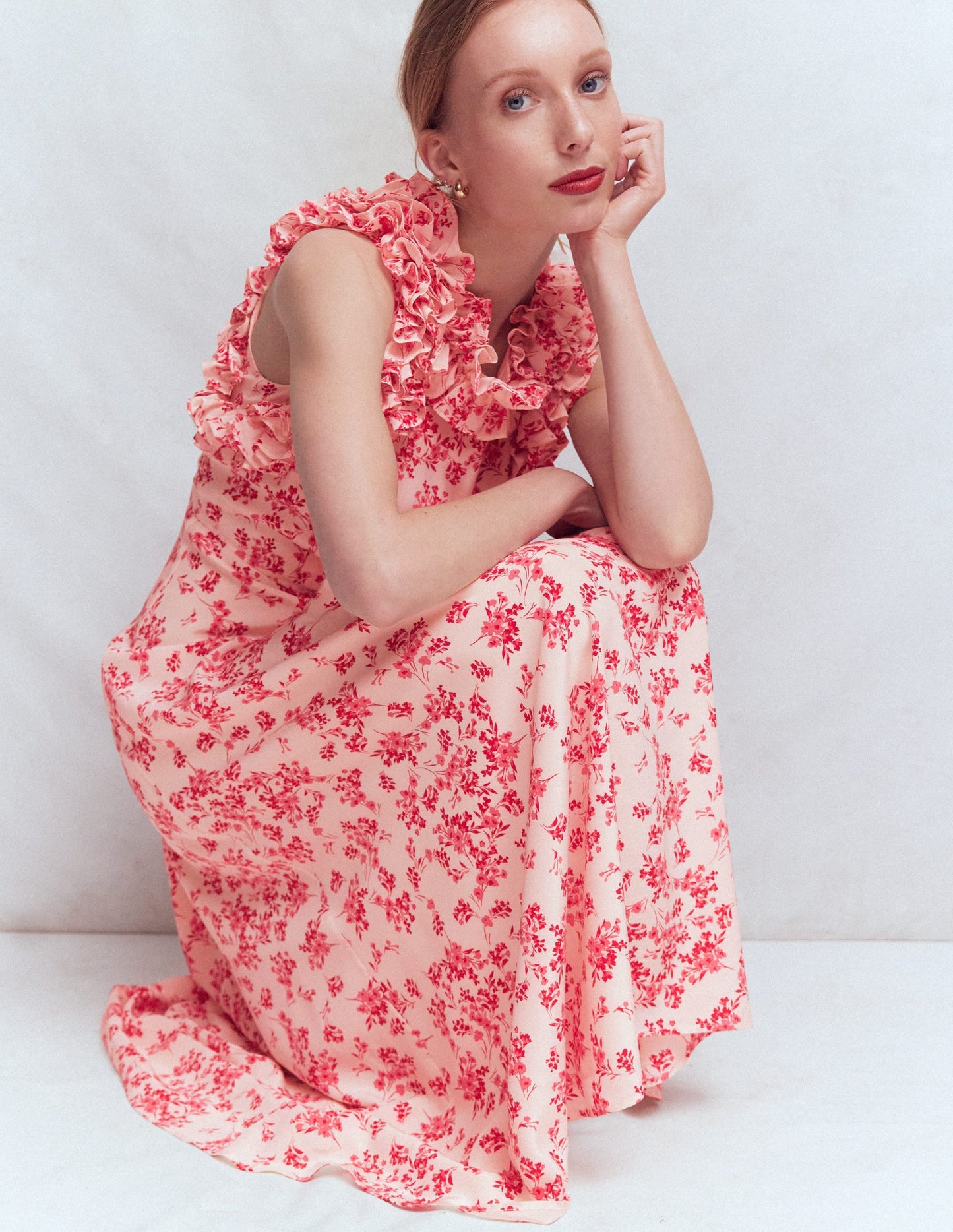 Ruffle Silk Midi Dress-Pink Bloom Scatter Mono