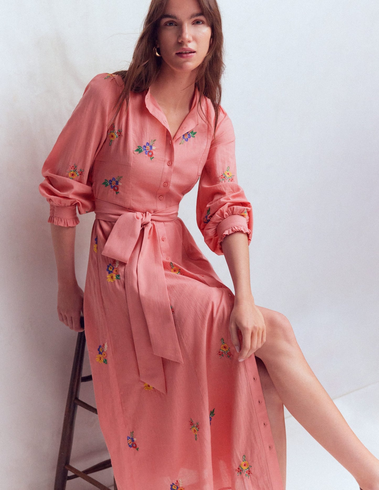 Embroidered Shirt Dress-Pink Embroidery