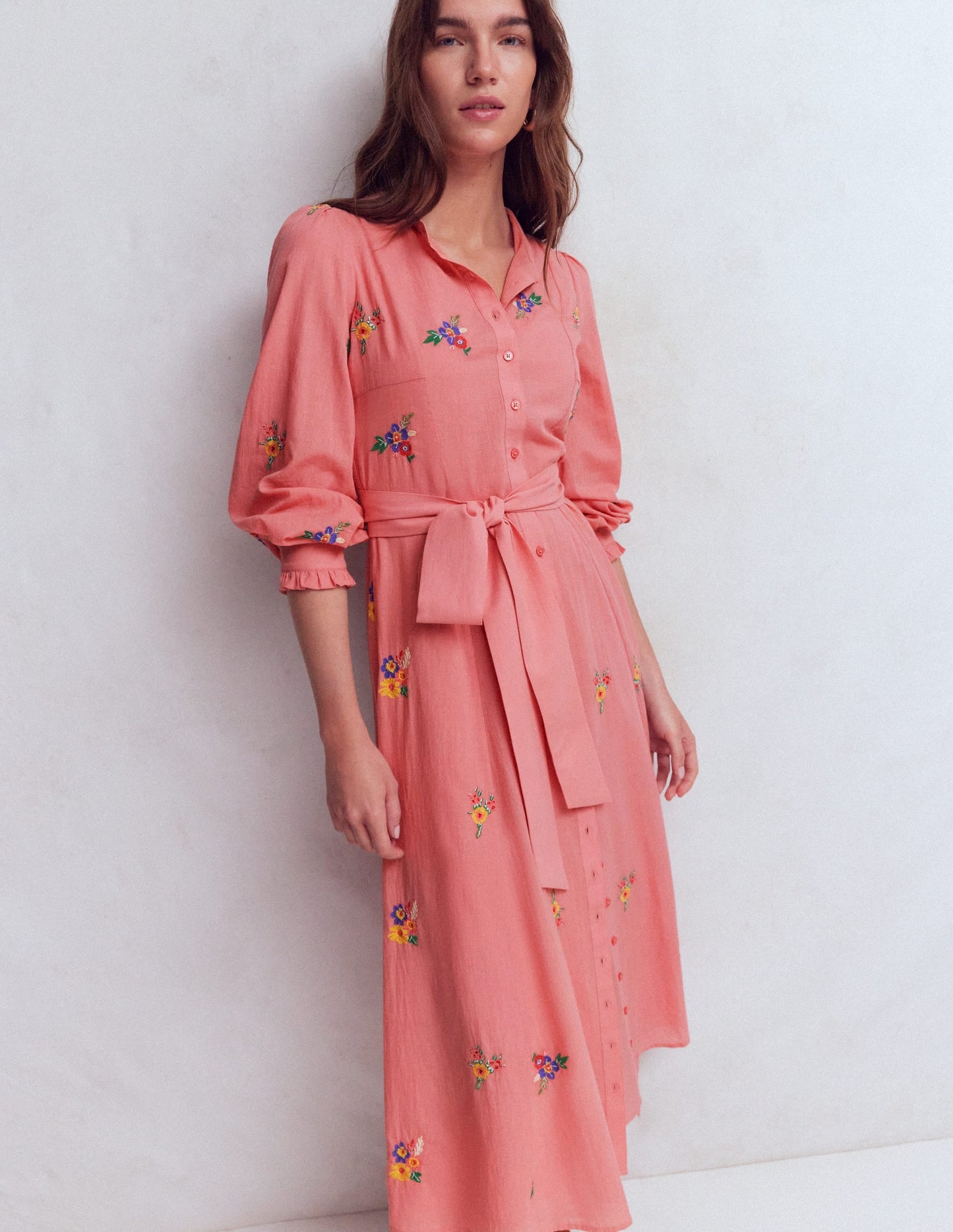 Embroidered Shirt Dress-Pink Embroidery