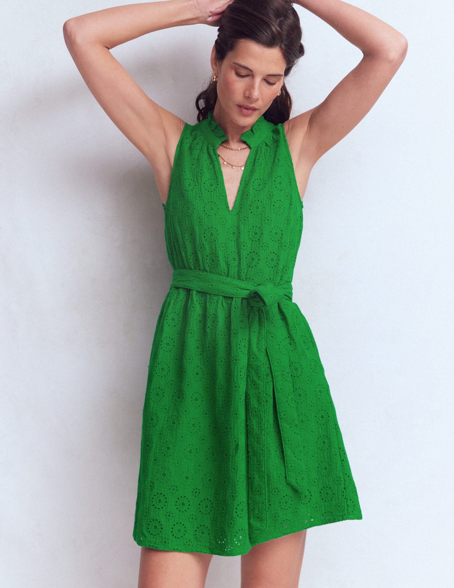 Viv Double Cloth Short Dress-Highland Green Broderie