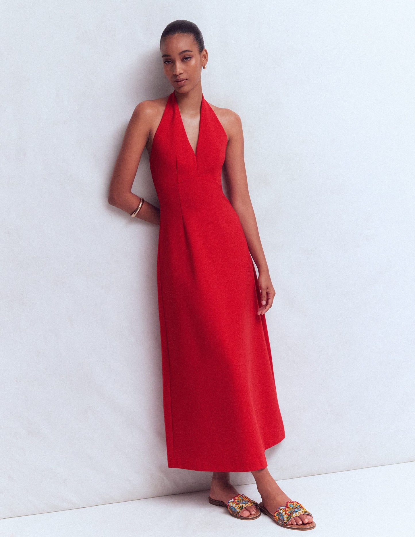 Halter Neck Empire Maxi Dress-Red