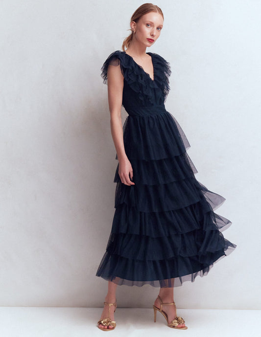 Ruffle Tulle Tiered Dress-Navy
