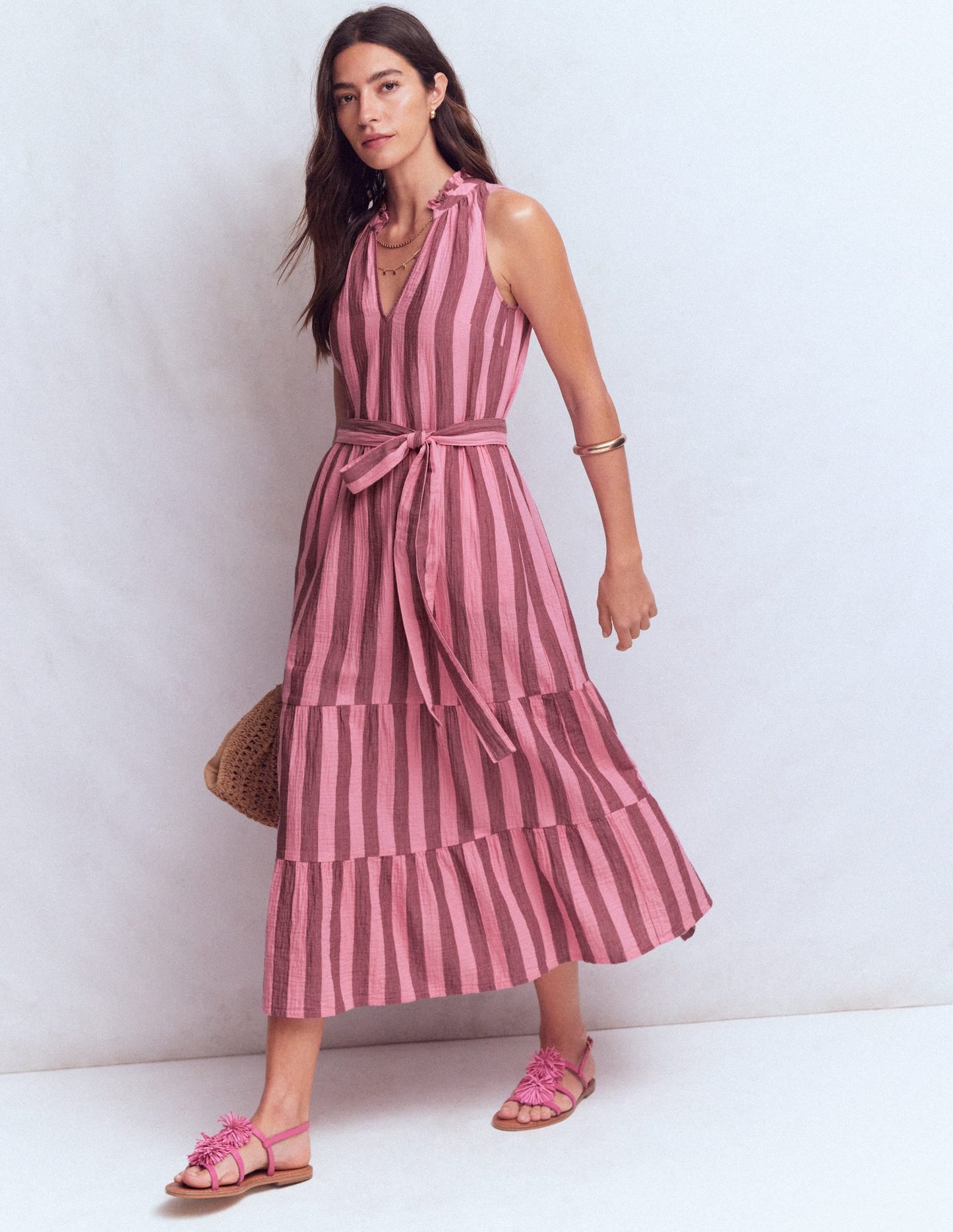 Viv Double Cloth Maxi Dress-Brown Pink Stripe