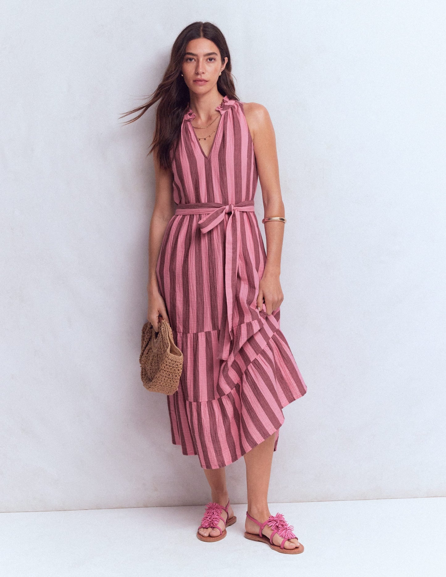 Viv Double Cloth Maxi Dress-Brown Pink Stripe