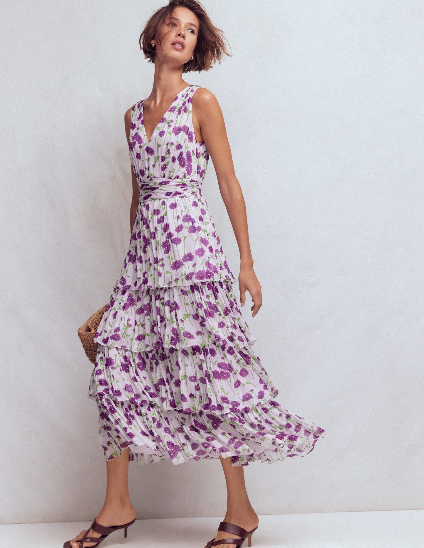 Tiered Sleeveless Dress-Purple Daisy Stems