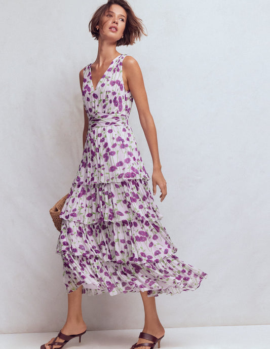 Tiered Sleeveless Dress-Purple Daisy Stems
