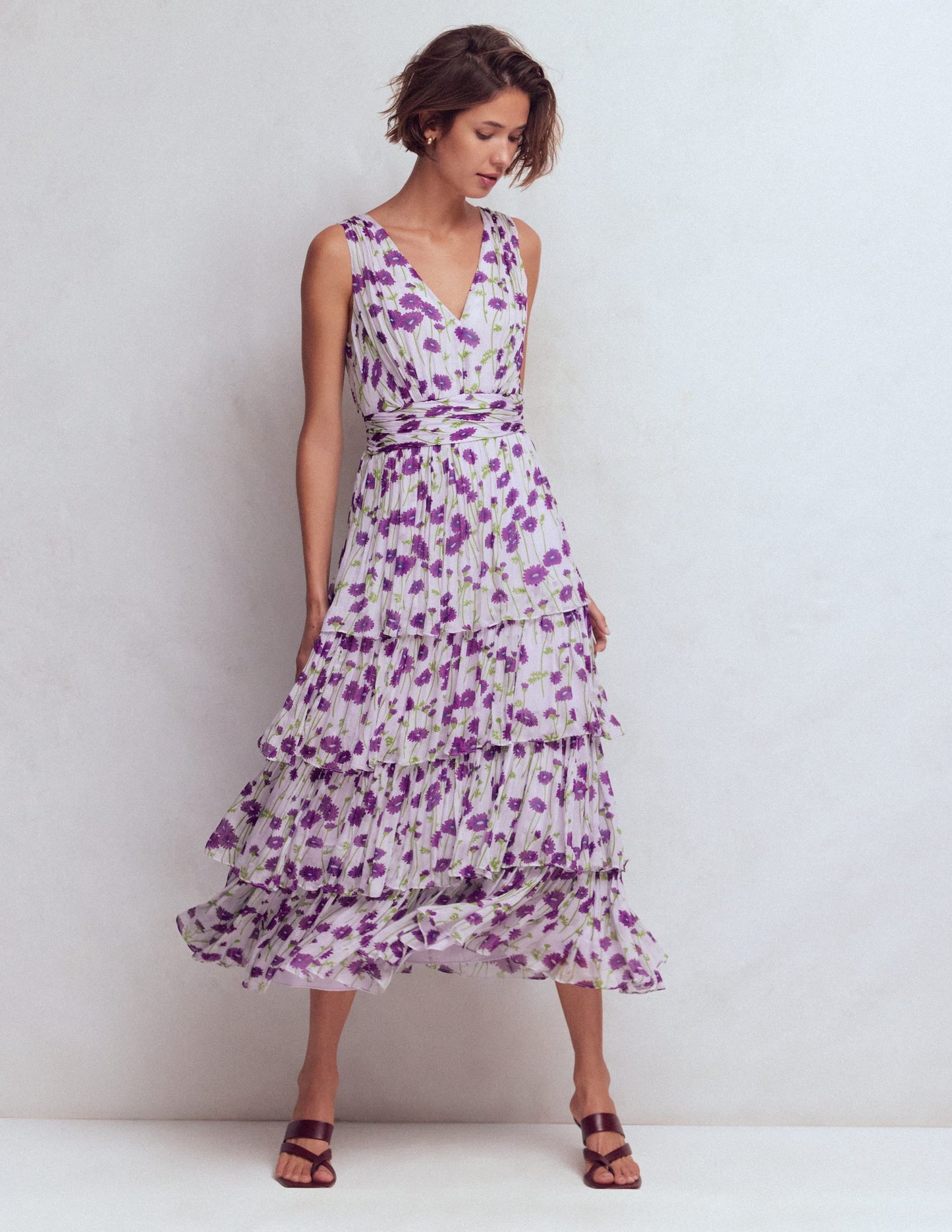 Tiered Sleeveless Dress-Purple Daisy Stems