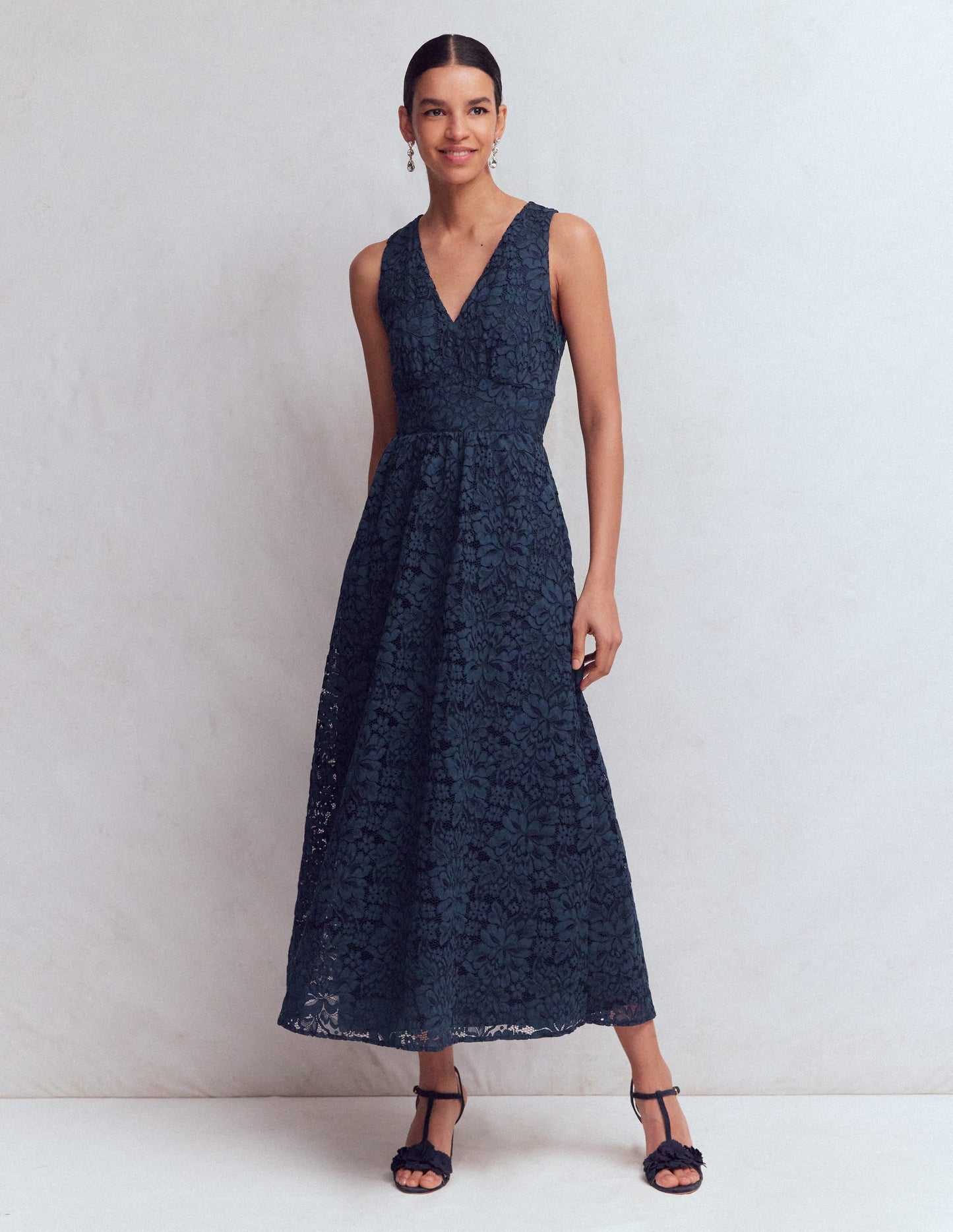 Lace Plunge Neck Panel Dress-Navy