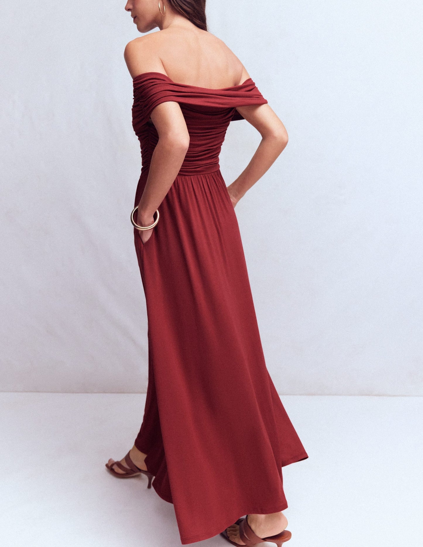Ruched Bardot Maxi Dress-Burgundy