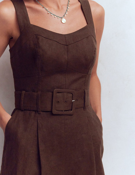 Panelled Bodice Linen Jumpsuit-Bitter Chocolate
