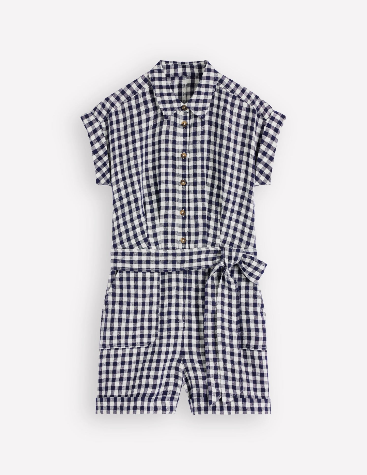 Kay Linen Playsuit-Navy, Ivory Gingham