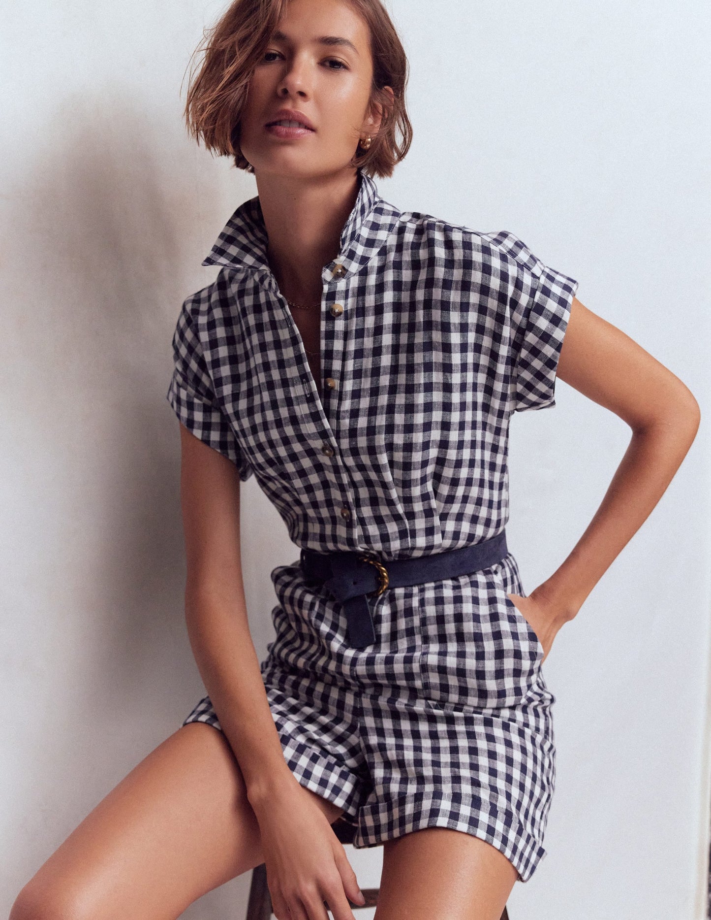 Kay Linen Playsuit-Navy, Ivory Gingham