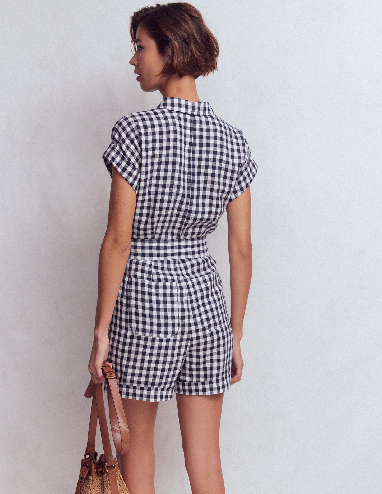 Kay Linen Playsuit-Navy, Ivory Gingham