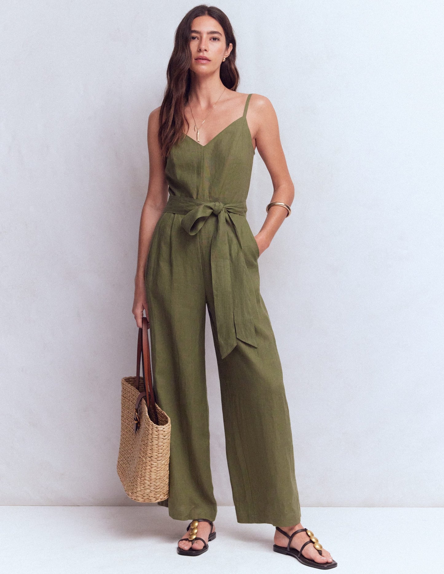 Linen Strappy Jumpsuit-Winter Moss