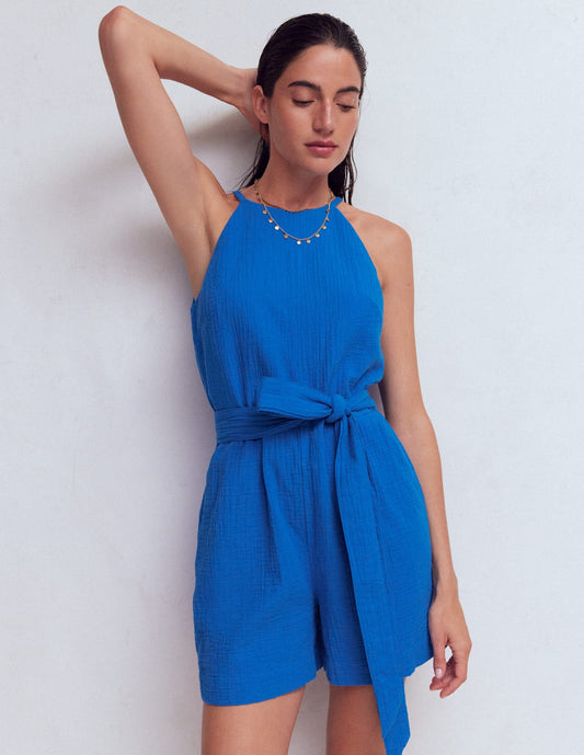 Rosa Double Cloth Playsuit-Kingfisher Blue