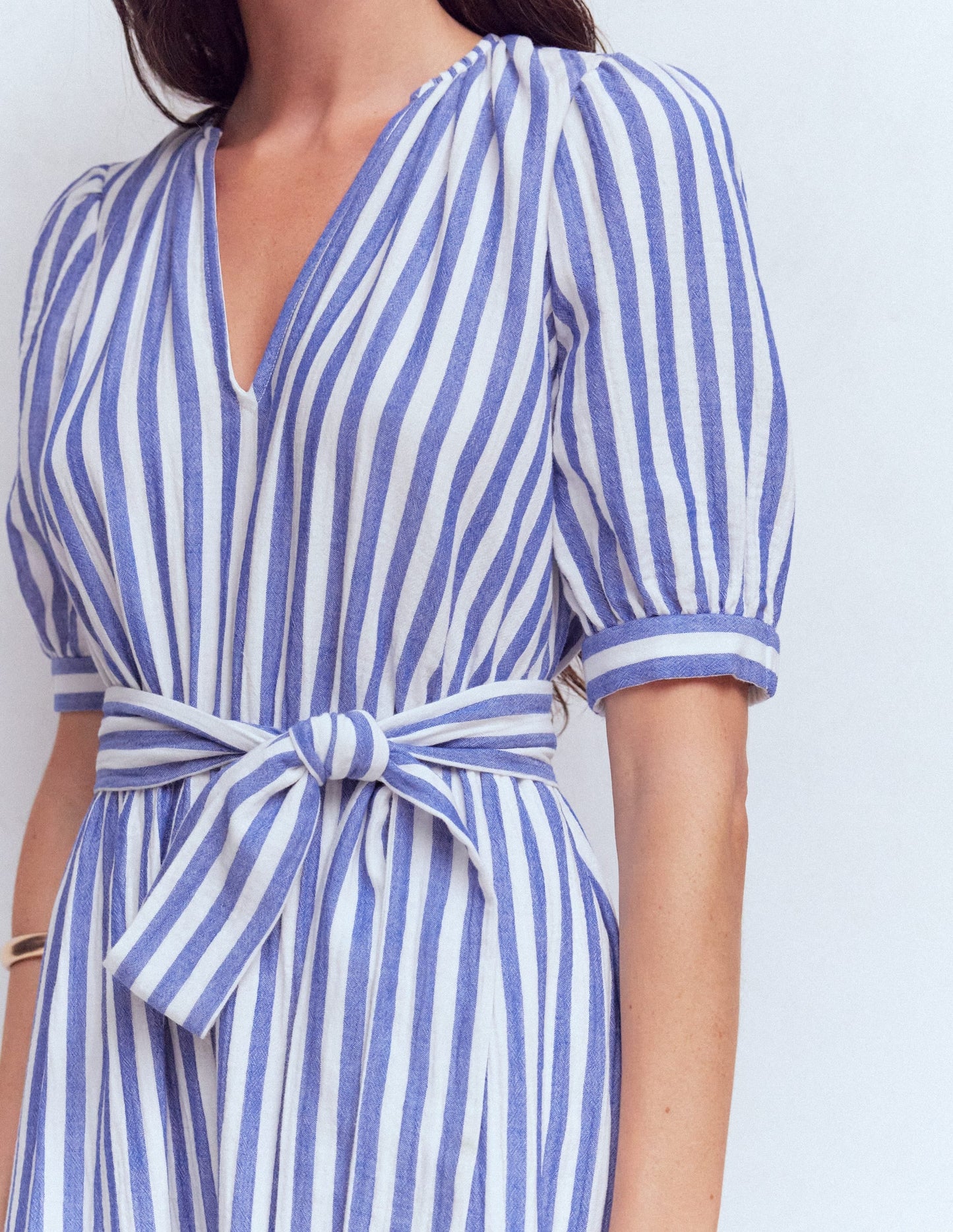 Double Cloth Puff Sleeve Dress-Blue Ivory Stripe