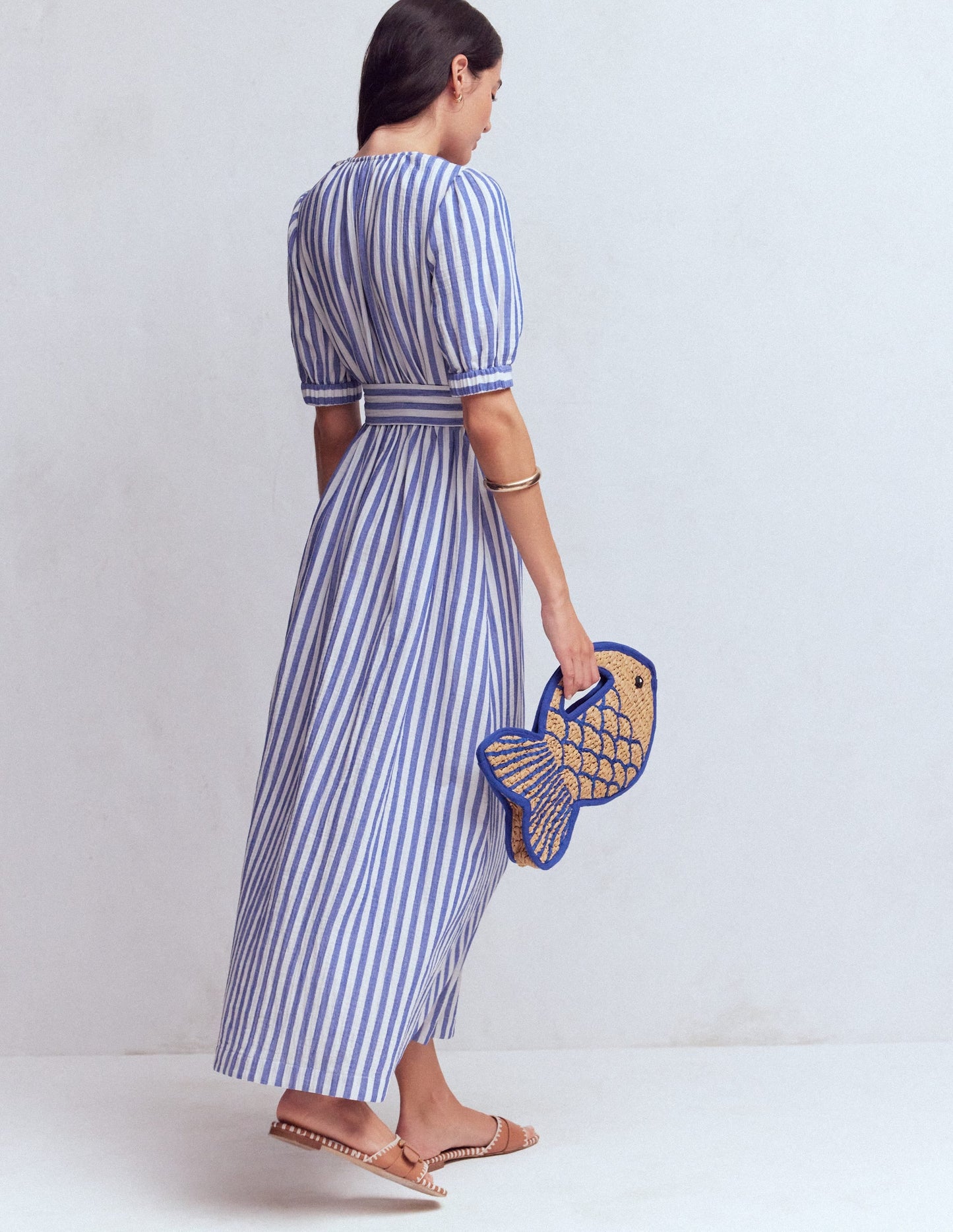 Double Cloth Puff Sleeve Dress-Blue Ivory Stripe