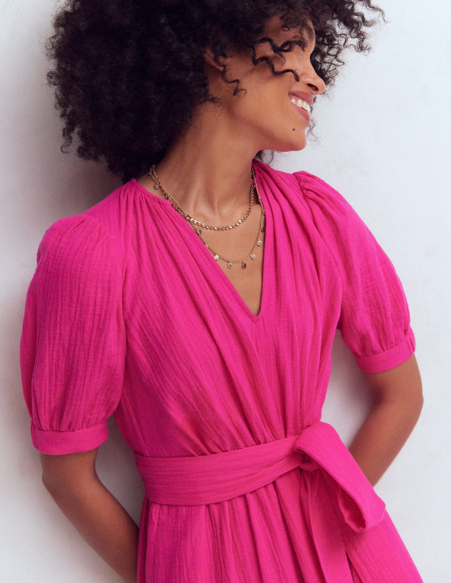 Double Cloth Puff Sleeve Dress-Bright Pink