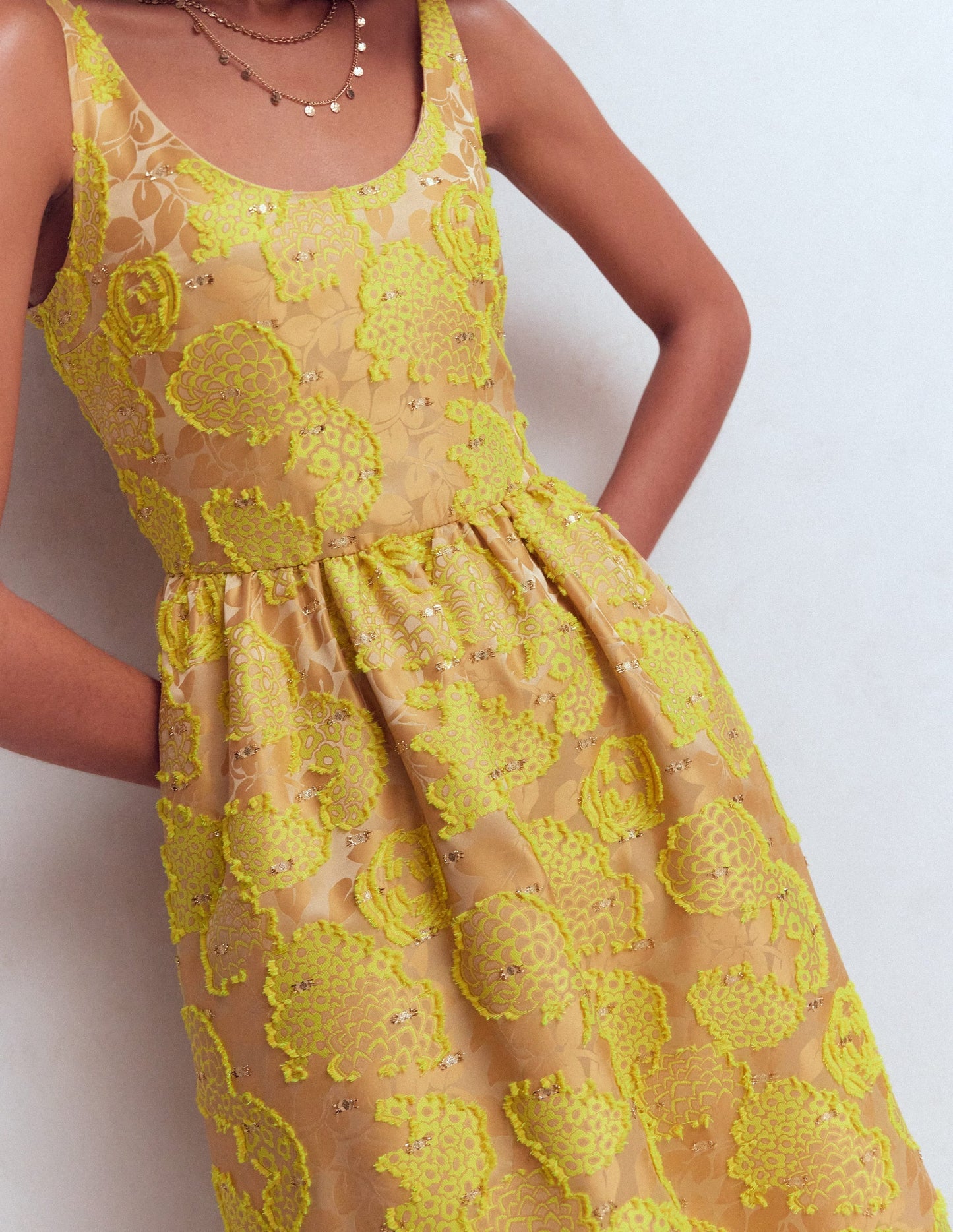 Scoop Neck Fit and Flare Dress-Yellow Jacquard