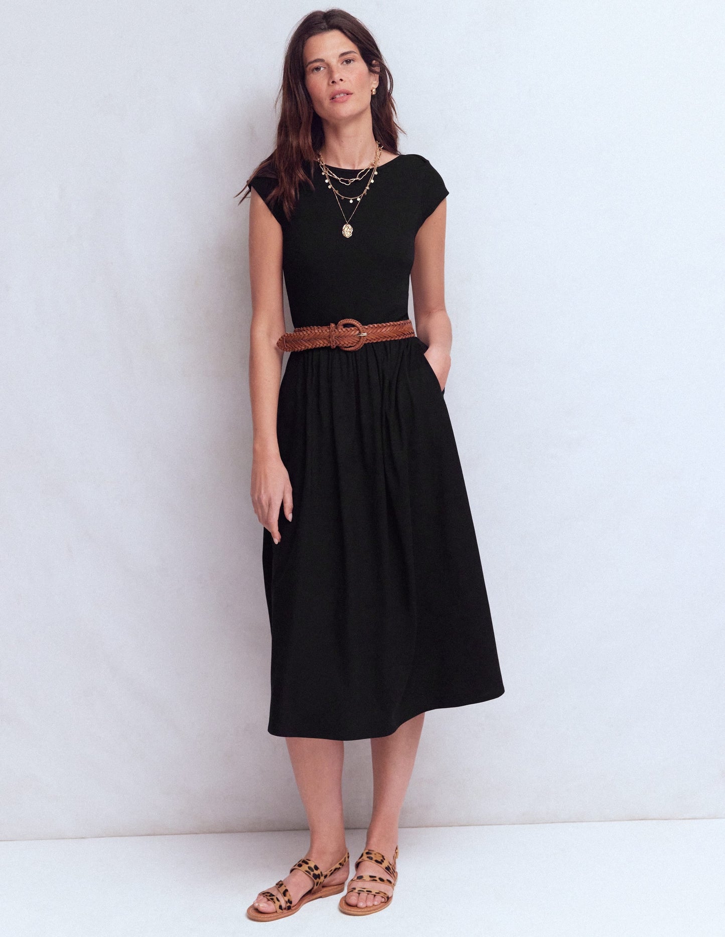 Boat Neck Mix Dress-Black