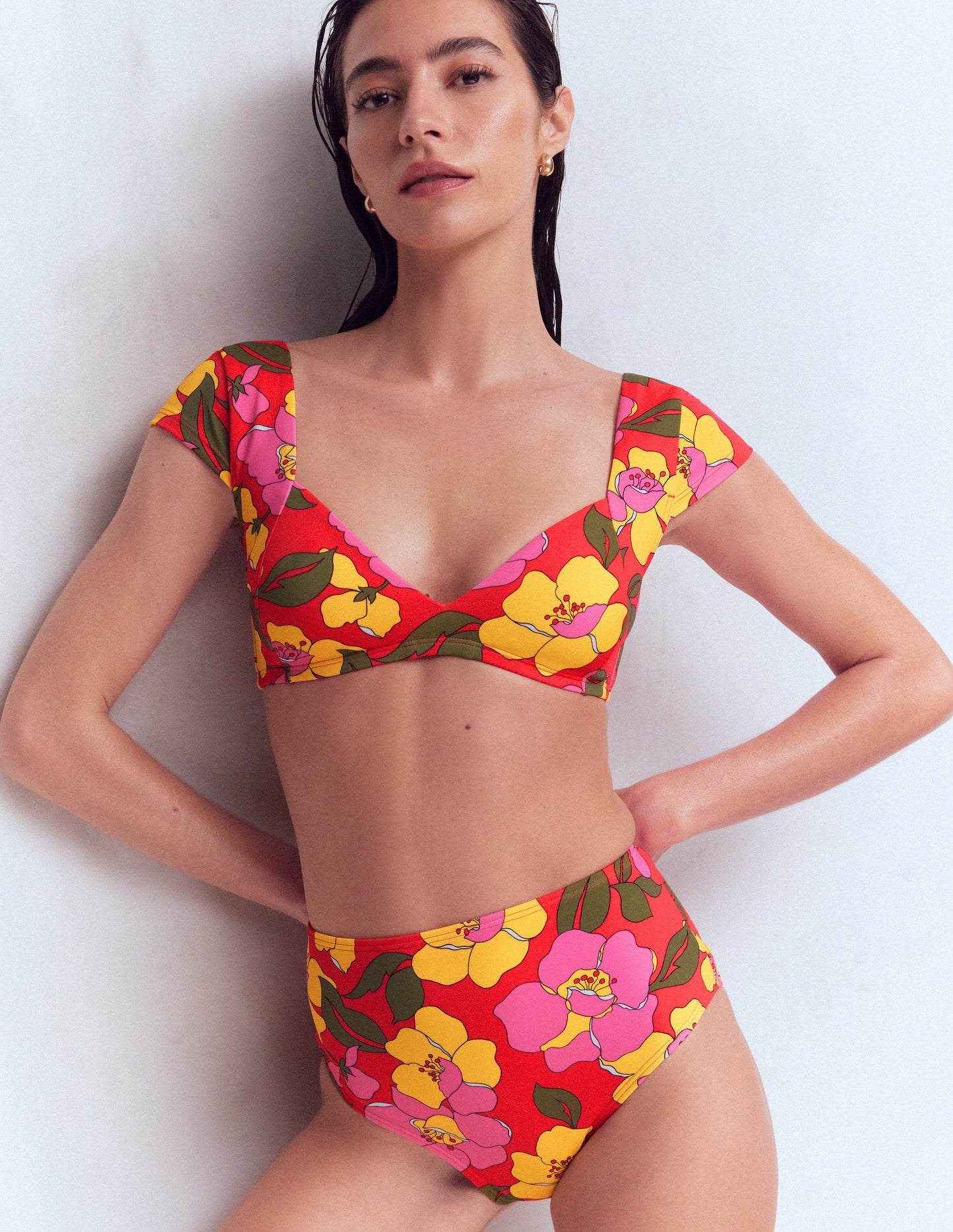 High Waisted Bikini Bottoms-Red, Radiant Bloom