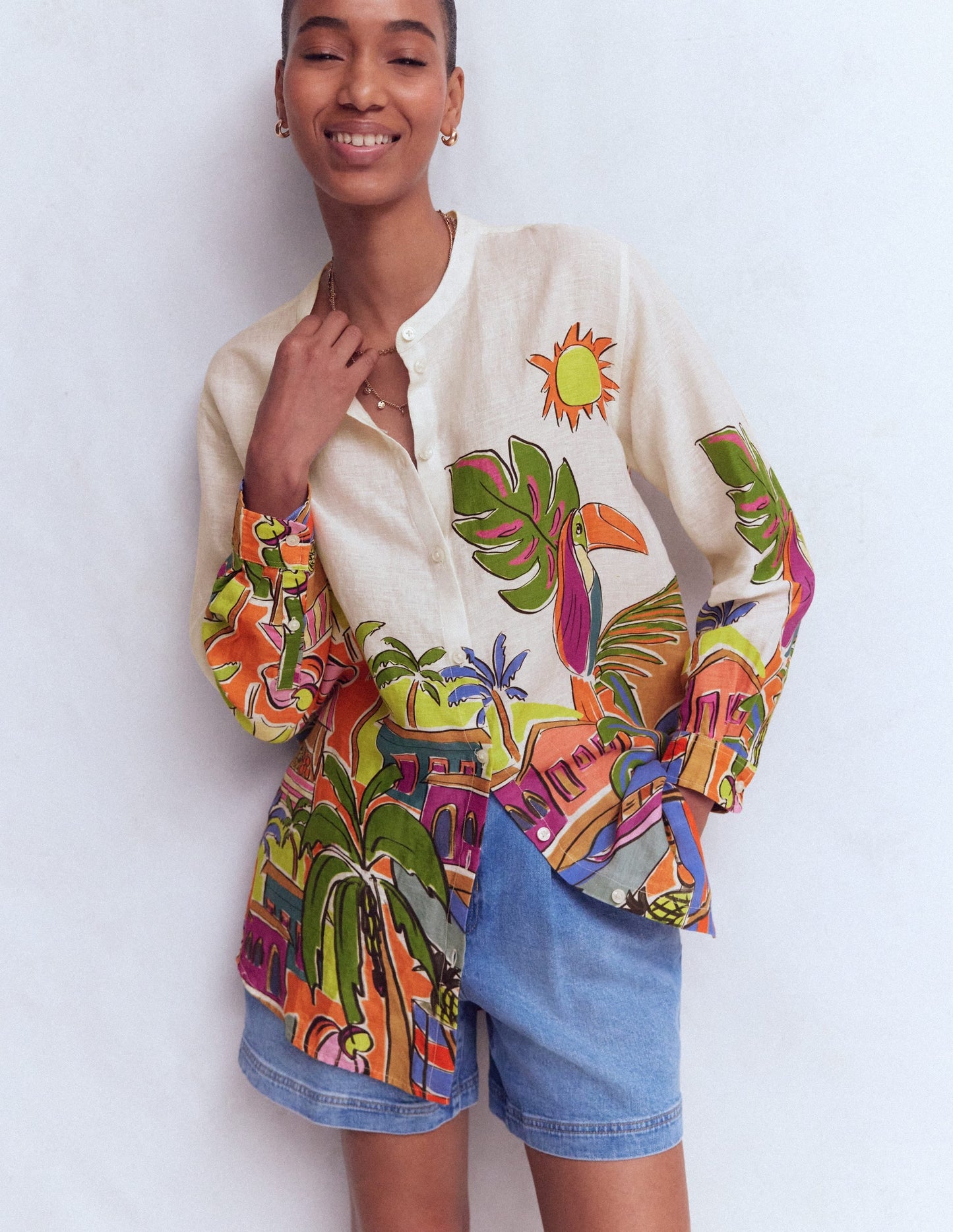 Longline Linen Shirt-Multi, Tropical Village