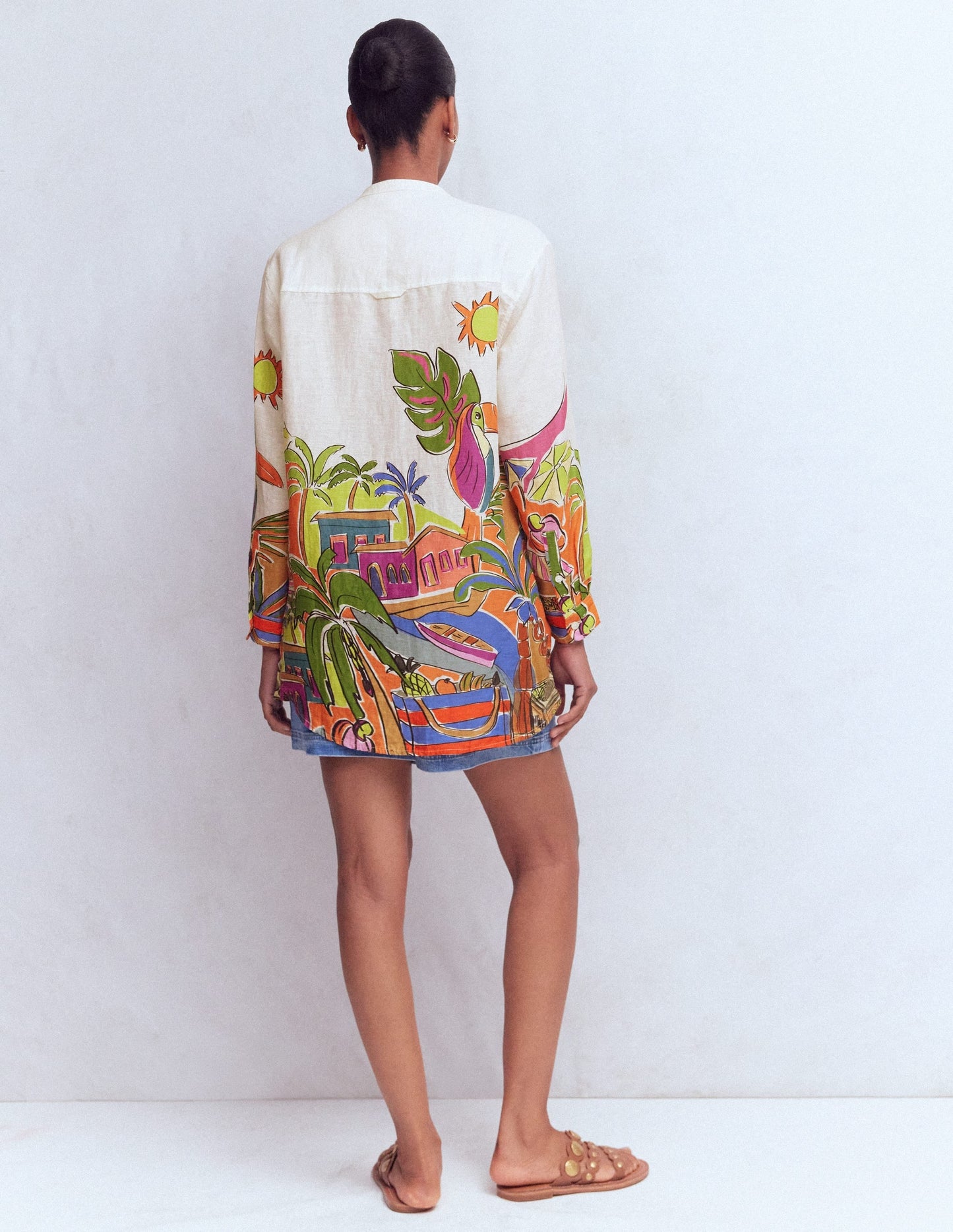 Longline Linen Shirt-Multi, Tropical Village