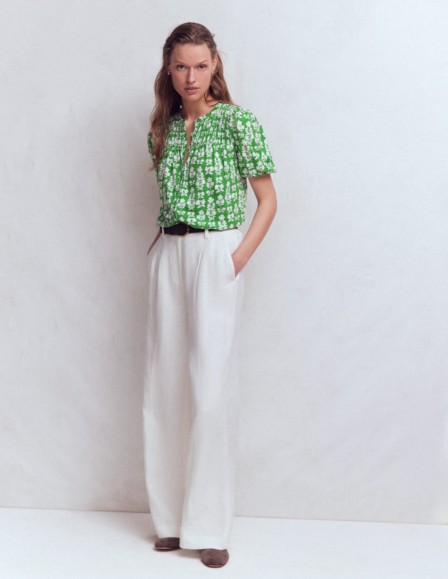 Mya Short Sleeve Smocked Shirt-Mint Green, Blossom grove