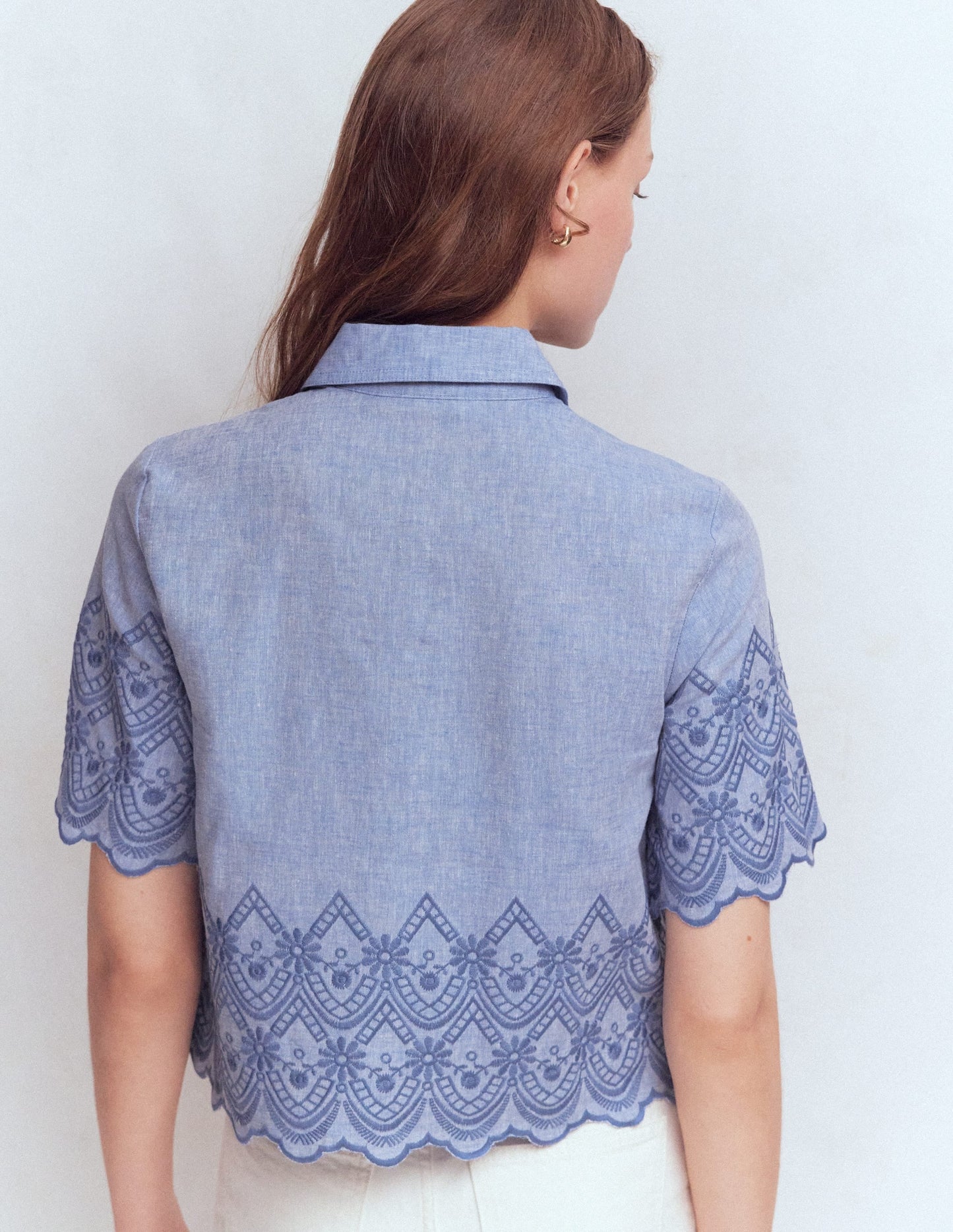 Short Sleeve Broderie Shirt-Chambray