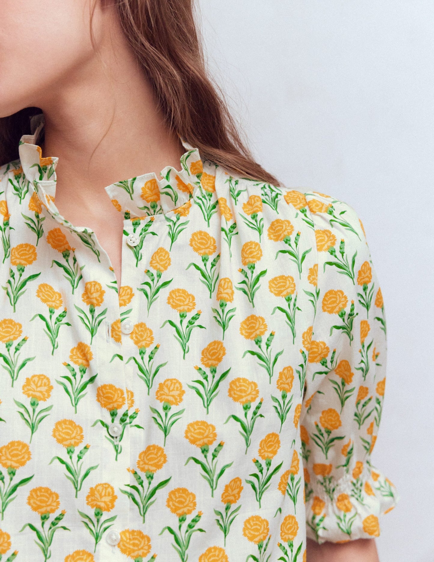 Heather Smocked Sleeve Top-Marigold, Carnation Stems