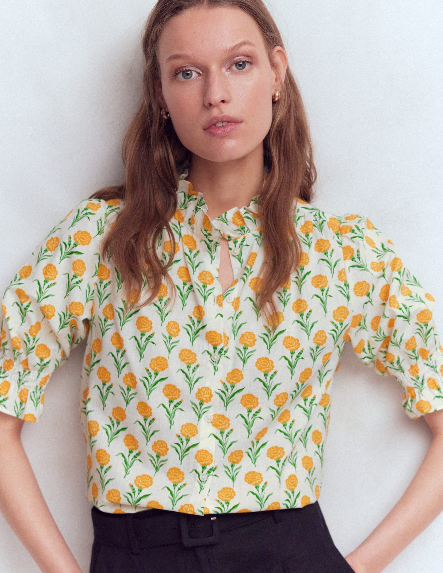 Heather Smocked Sleeve Top-Marigold, Carnation Stems