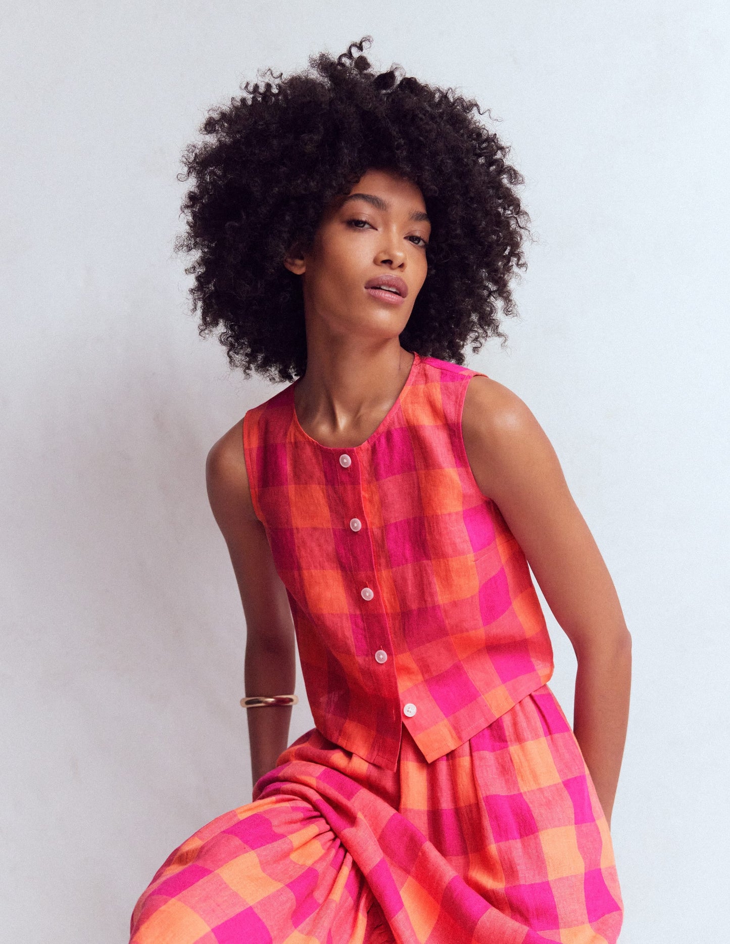 Andrea Linen Shell Top-Zesty Orange, Pink Gingham