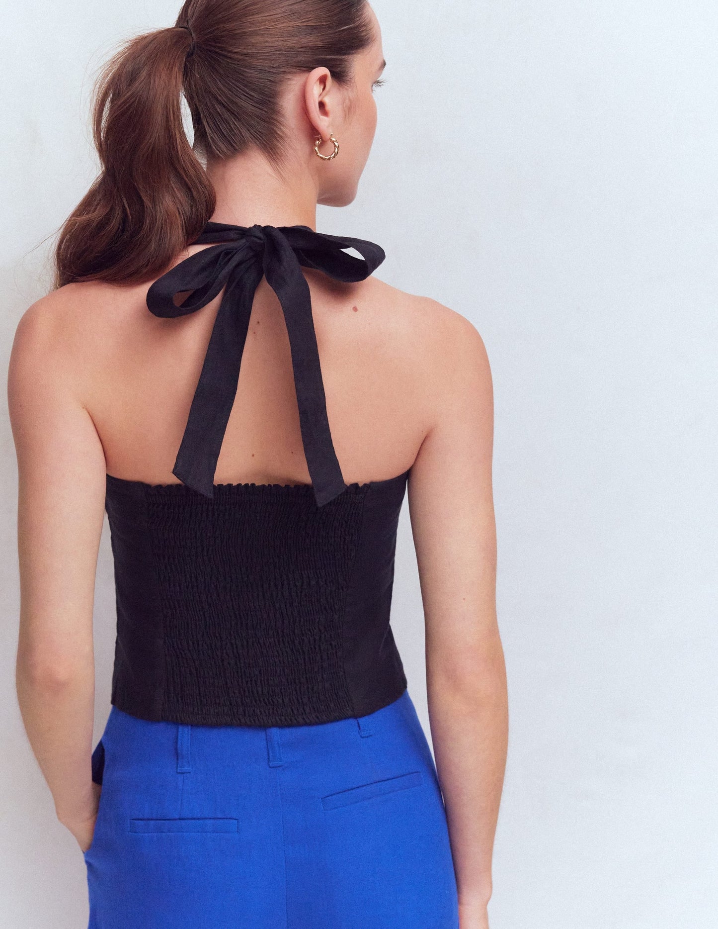 Halterneck Linen Top-Black