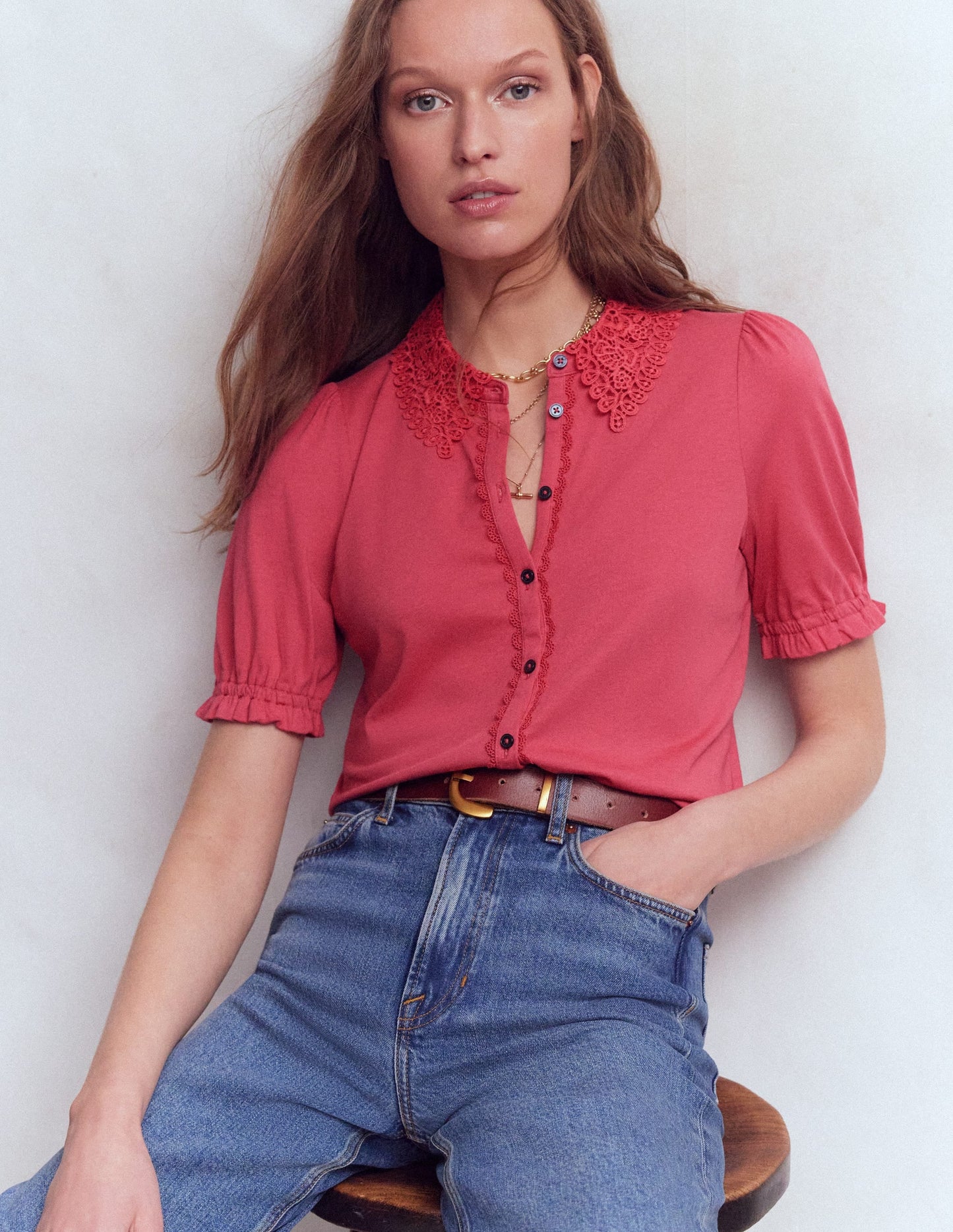 Nessa Broderie Collar Blouse-Cherry Blush